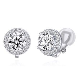 Silver with White Diamond AAA Cubic Zirconia Round Stud Cushion Clip On Earrings
